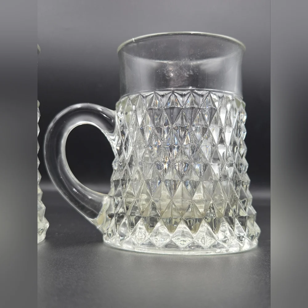 Indiana Glass Diamond Point‎ Handled Coffee Mug Clear Cup Beer Set of 2